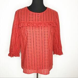 Amour Vert rust red orange eyelet ruffle trim top size Large